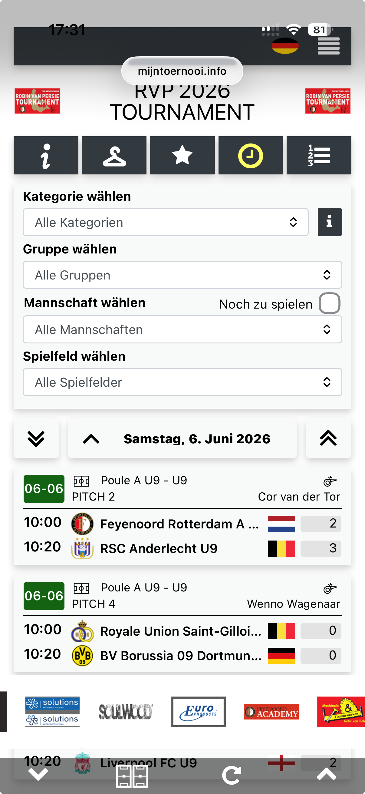 Mobile Besucherseite mit Spielplan, Teamfilter und Tabellen