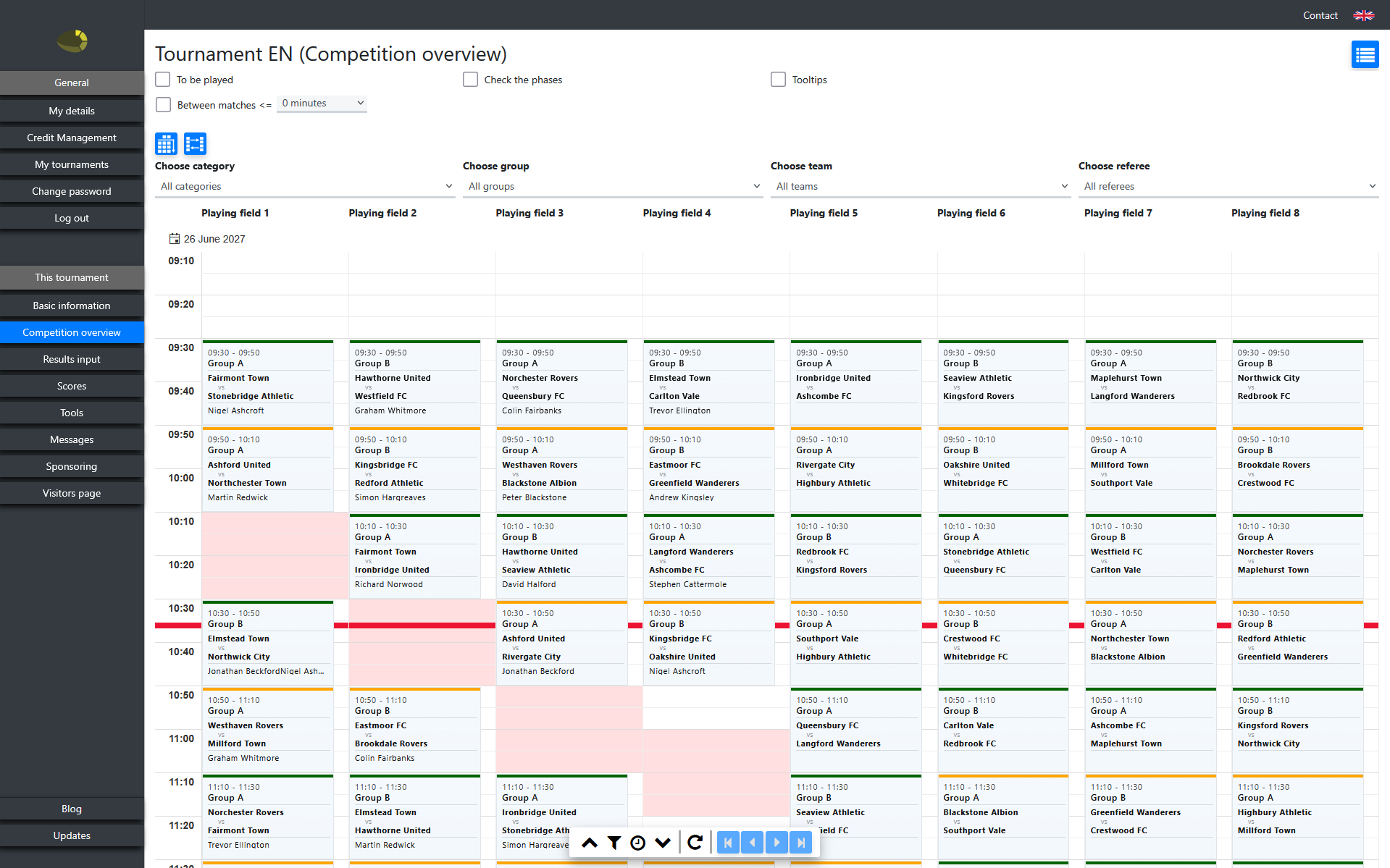 Match planner with drag and drop scheduling per field