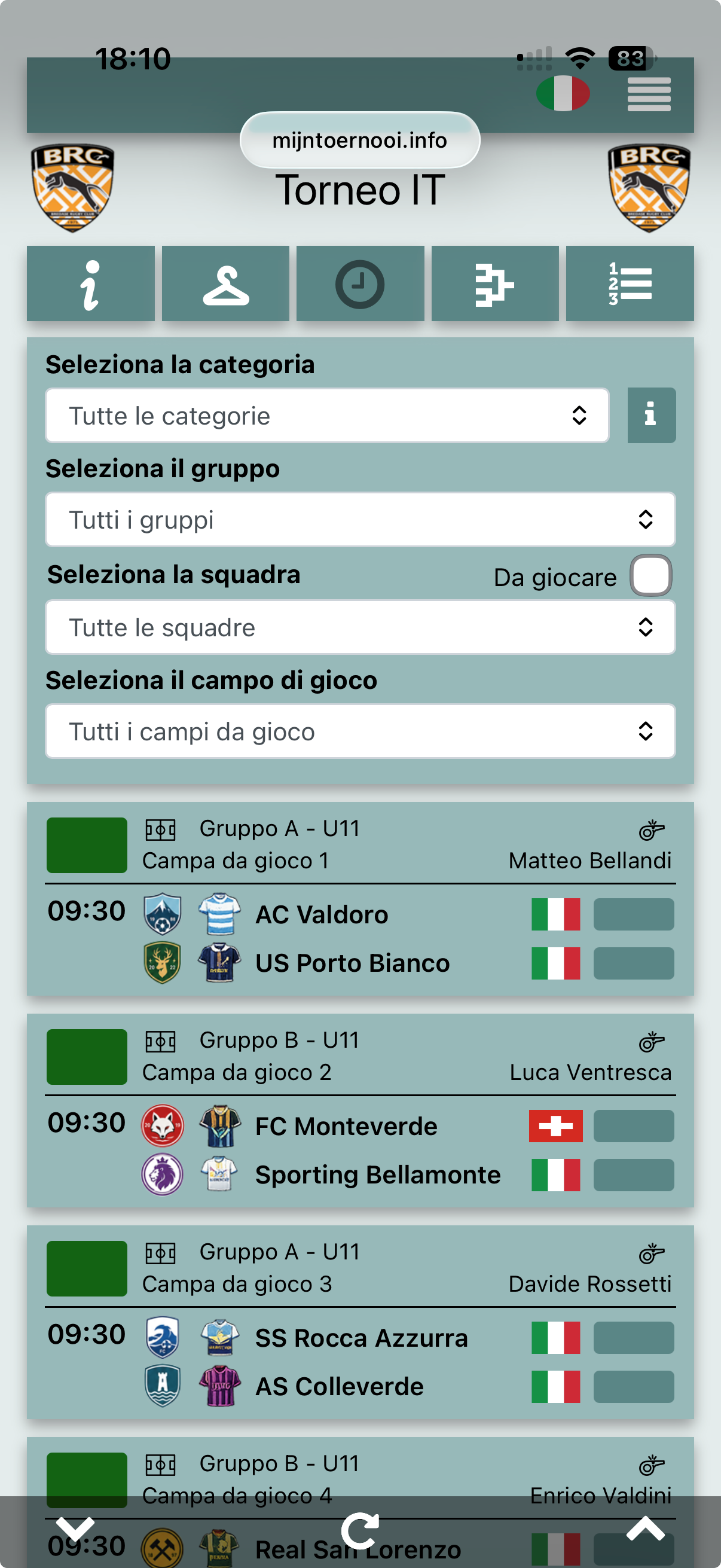 Pagina visitatori mobile con partite e filtri