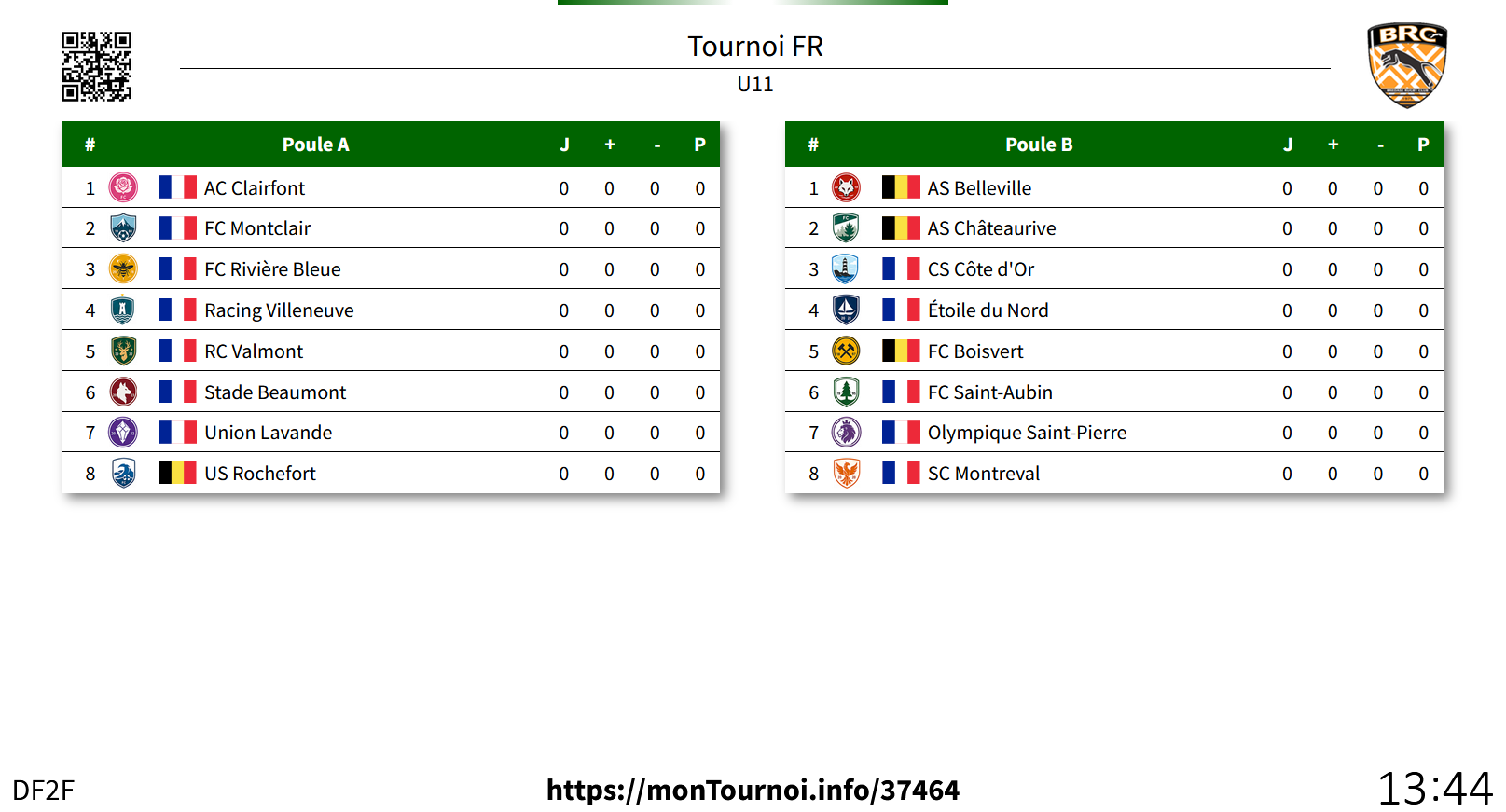 Écran de présentation avec matchs et classements