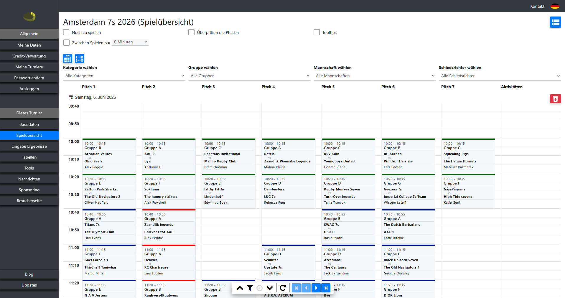 Automatische Feldplanung und Spielplan-Planer für mehrere Rugbyfelder
