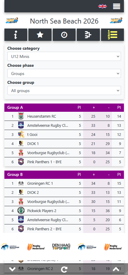 View live rugby tournament standings in the mobile app for visitors