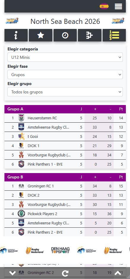 Ver la clasificación en directo del torneo de rugby en la app móvil para visitantes