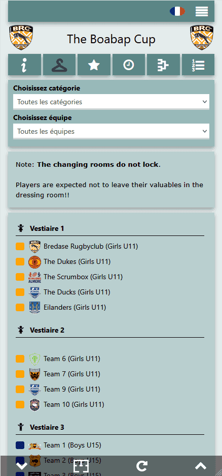 Consulter la répartition des vestiaires du tournoi de rugby dans l'application mobile pour les visiteurs