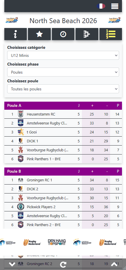 Consulter en direct le classement du tournoi de rugby dans l'application mobile pour les visiteurs