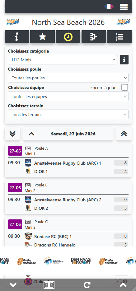 Consulter le calendrier du tournoi de rugby dans l'application mobile pour les visiteurs
