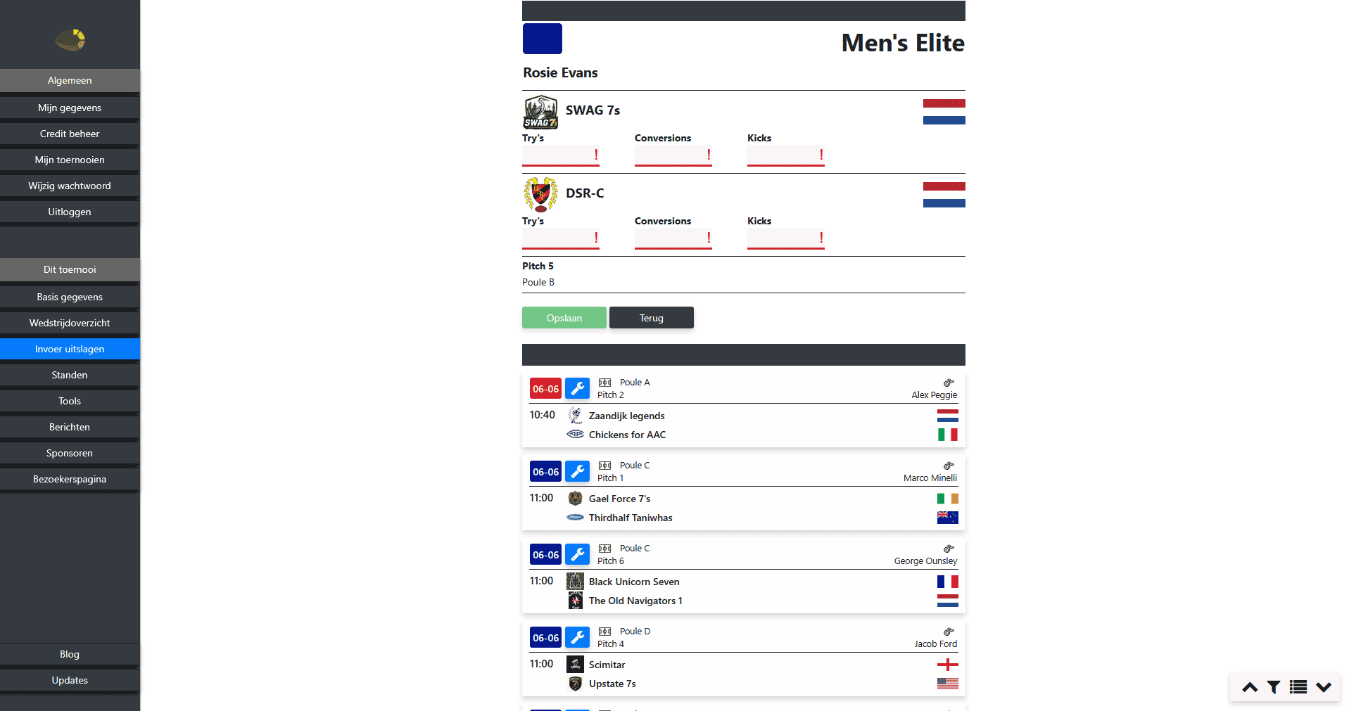 Score-invoerscherm met try, conversion en kicks apart geregistreerd