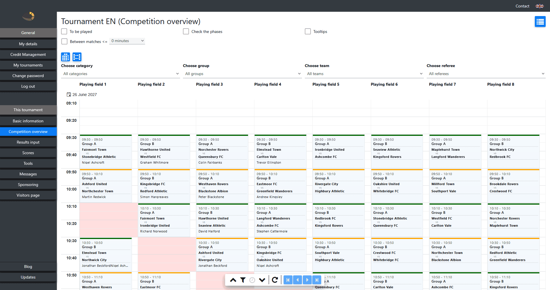 Visual planning module with matches distributed across the football fields