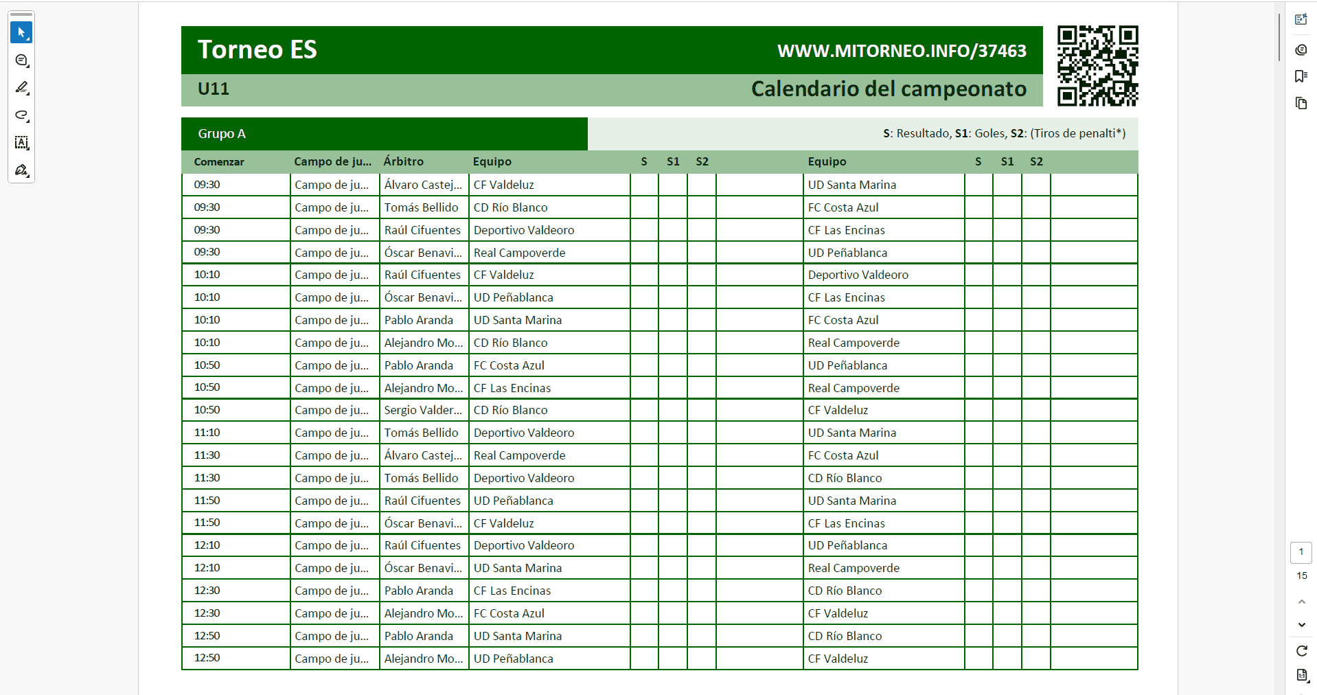 Informe del calendario de partidos por categoría